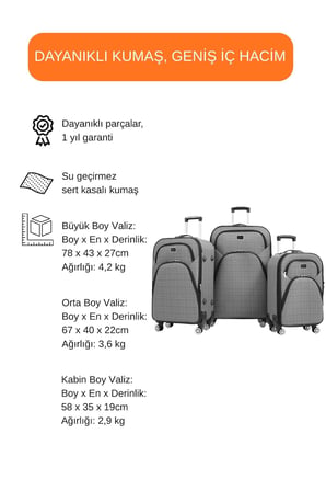 3'lü Valiz Seti 4 Teker Kumaş Valiz Gri 1081