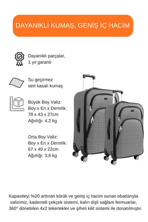 Büyük ve Orta Boy Valiz Seti 4 Teker Kumaş Valiz Gri 1081