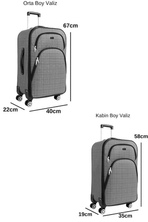 Orta ve Kabin Boy Valiz Seti 4 Teker Kumaş Valiz Gri 1081