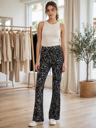 Kadın Siyah Zebra Desenli İspanyol Paça Pantolon