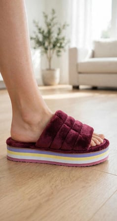 Kadın Bordo Peluş  Platform Tabanlı Ev Terliği