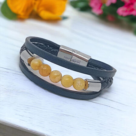 %100 Deri̇ '' Örgü '' Figürlü Çelik Lacivert Bileklik Krom Mıknatıs Kapama 