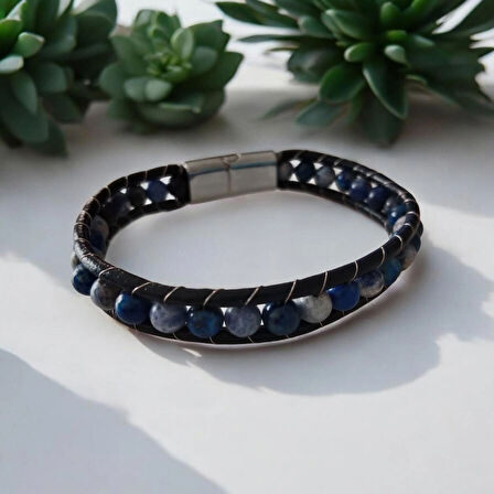 %100 Deri Çoklu Çelik Aparatlı Bileklik Krom Mıknatıs Kapama 20 Cm