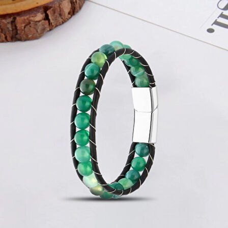 %100 Doğal Çift Sıra Oniks Taşlı Yeşil İp Mıknatıs Kapama Bileklik