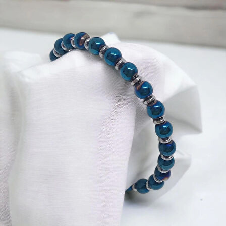 %100 Doğal Hematit Taşı Tüp Kesim Bileklik Mavi̇ 