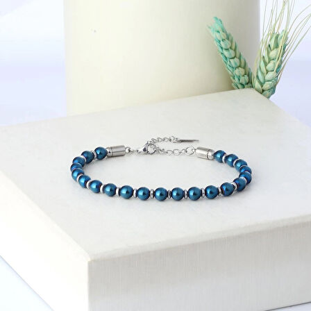 %100 Doğal Hematit Taşı Tüp Kesim Bileklik Mavi̇ 