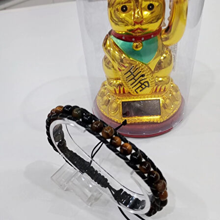 %100 Deri Çoklu Saç Örme Akik Taşlı Kahve Bileklik Mıknatıs Kapama