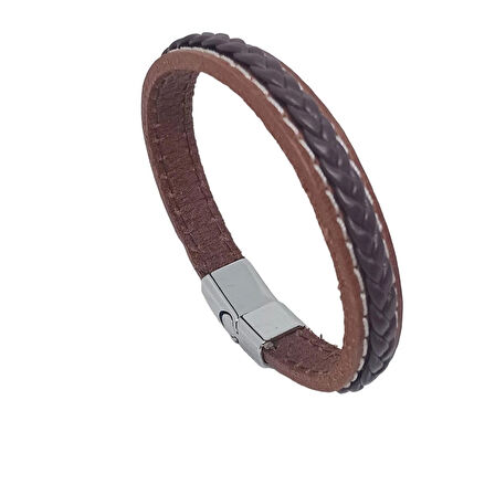 %100 Deri Saç Örme Açık Kahve - Koyu Kahve Bileklik Mıknatıs Kapama 20 Cm