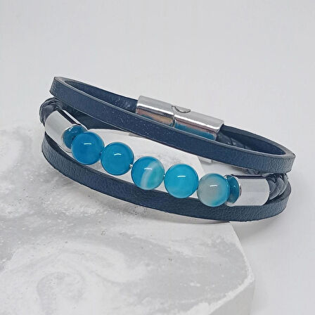 %100 Deri Çelik İp Sarma Kirmizi Aki̇k Taşı Bileklik Krom Mıknatıs Kapama