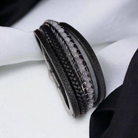 %100 Deri Zincir Model Çelik Aparatlı Bileklik Krom Mıknatıs Kapama 21 CM 