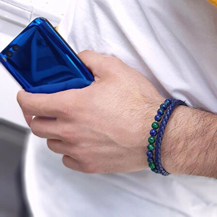 %100 Deri Ve Doğal Çoklu Azorit Taşlı Siyah Bileklik 21 CM