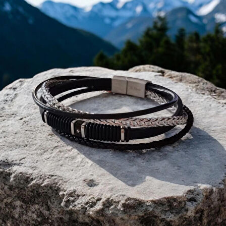 %100 Deri Çoklu Saç Örme Siyah Bileklik Mıknatıs Kapama