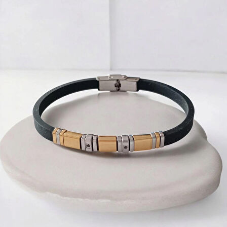 %100 Deri Saç Örme Kayış Gold '' Çapa '' Figürlü Siyah Bileklik