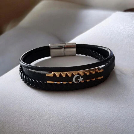 %100 Deri Kayış Çelik Aparatlı Siyah Bileklik