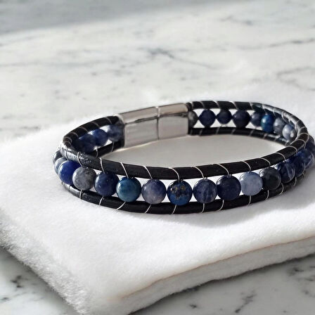 %100 Deri Ve Doğal Hematit Taşlı Krom Kapama Bileklik 21 cm