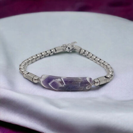 %100 Doğal Mat Dumortierit Taşı Çelik İp Sarma Krom Kapama Bileklik 21 Cm