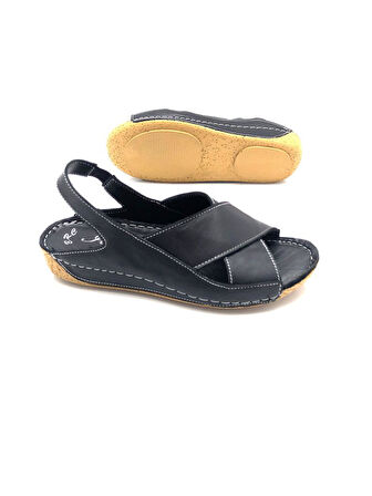 İlgen Hakiki Deri Ortopedik Kadın Siyah Renk Kadın Sandalet