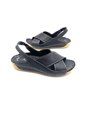 İlgen Hakiki Deri Ortopedik Kadın Siyah Renk Kadın Sandalet