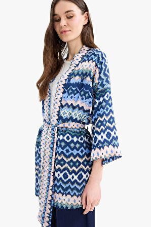 Relax Fit Desenli Kuşaklı Kimono