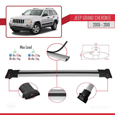 Jeep Grand Cherokee 3 (WK) 2005-2010 Arası ile Uyumlu FLY Model Ara Atkı Tavan Barı Gri 2 Adet