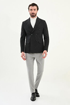 Mcr Çizgili Slim Fit Geniş Yaka Kruvaze Yün Erkek Ceket 41476