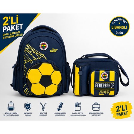 Fenerbahçe Lisanslı 3D Suni Deri Detaylı Okul Çantası 26784+ Beslenme Çantası 26760