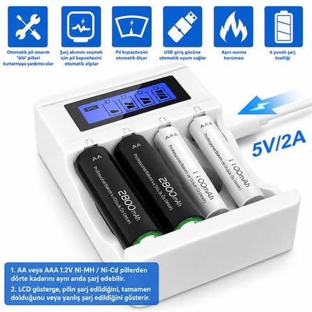 X-LEVEL CH1-201AL 4 Yuvalı LCD Ekranlı Akıllı AA/AAA Ni-MH Hızlı Pil Şarj Cihazı