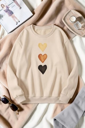 Unisex Kalp Baskılı Bisiklet Yaka Sweatshirt