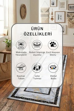 Çerçeve Furya Yıkanabilir Kaymaz Taban Dijital Baskılı Yolluk Halı Açık Gri
