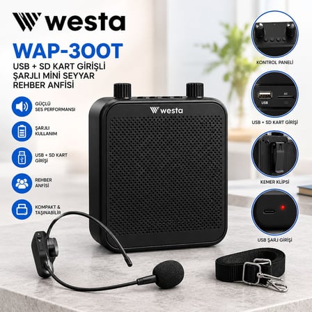Westa WAP-300T USB + SD Kart Girişli Şarjlı Mini Seyyar Kablosuz Mikrofonlu Rehber Anfisi