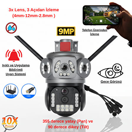 Apronx 9MP 10x Zoom Wifi Kamera | 3 Lens Üçlü Görüş PTZ Güvenlik Kamerası | Dış Mekan Su Geçirmez