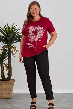 Wearon Kadın Esra Önü Gül Baskılı Taşlı Kısa Kollu Bordo Tişört