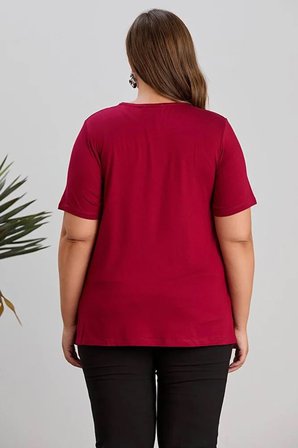 Wearon Kadın Esra Önü Gül Baskılı Taşlı Kısa Kollu Bordo Tişört