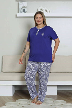 Kadın Saks Mavi 3 Düğmeli Etnik Desen Likralı Viskon Kısa Kol Pijama Takımı