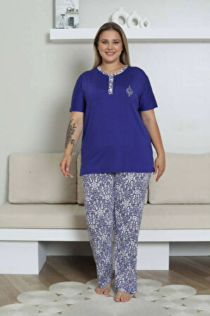 Kadın Saks Mavi 3 Düğmeli Etnik Desen Likralı Viskon Kısa Kol Pijama Takımı