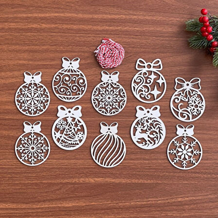 PratikAI 10 Parça Kırmızı Beyaz İpli Fiyonk Model Ahşap Yılbaşı Ağaç Süsü | Zarif & Festif
