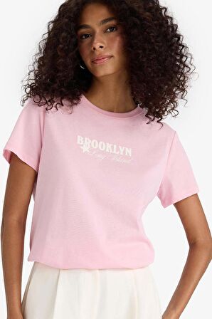 Regular Fit Bisiklet Yaka Slogan Baskılı Penye Kısa Kollu Tişört