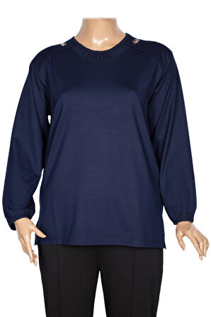 Cimariva Kadın Meyra Büyük Beden O Yaka Nakışlı Lacivert Bluz