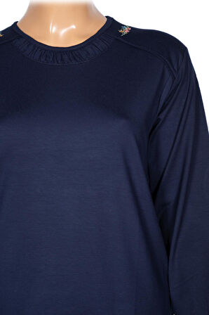 Cimariva Kadın Meyra Büyük Beden O Yaka Nakışlı Lacivert Bluz