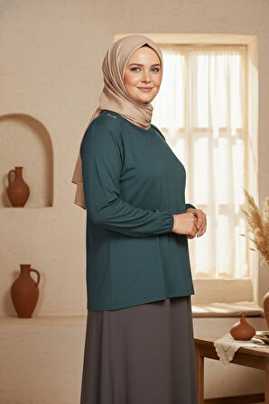 Cimariva Kadın Meyra Büyük Beden O Yaka Nakışlı Koyu Turkuaz Bluz