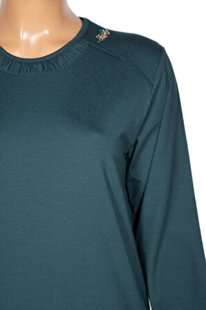 Cimariva Kadın Meyra Büyük Beden O Yaka Nakışlı Koyu Turkuaz Bluz