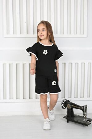 Çiçek Aksesuarlı Yazlık Şortlu Kız Çocuk Takım