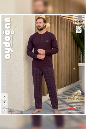 Aydoğan Erkek Pijama Takımı %100 Pamuk Süprem Patlı Yaka Uzun Kol Mürdüm Tuna 260539