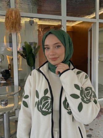 Gül Desenli Polar Hırka / Fermuarlı Ceket Haki
