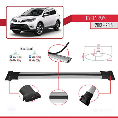 Toyota RAV4 IV (XA40) Pre-Facelift 2013-2015 Arası ile Uyumlu FLY Model Ara Atkı Tavan Barı Gri 2 Adet