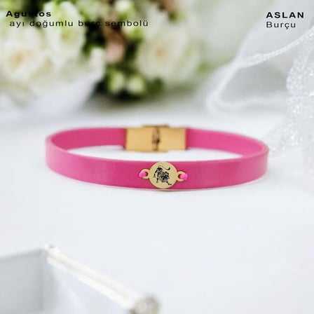 14 Ayar Altın Plakalı Aslan Burçlarına Özel Yuvarlak Motifli Pembe Derili Hediye Bileklik-394
