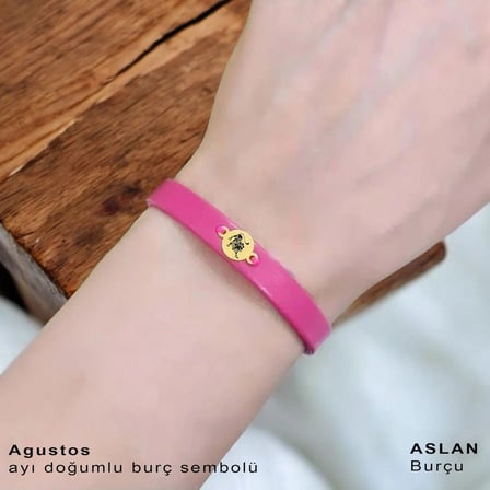 14 Ayar Altın Plakalı Aslan Burçlarına Özel Yuvarlak Motifli Pembe Derili Hediye Bileklik-394