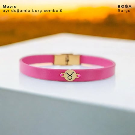 14 Ayar Altın Plakalı Mayıs Ayı Doğumları İçin Pembe Derili Yuvarlak Motifli Hediye Bileklik-394