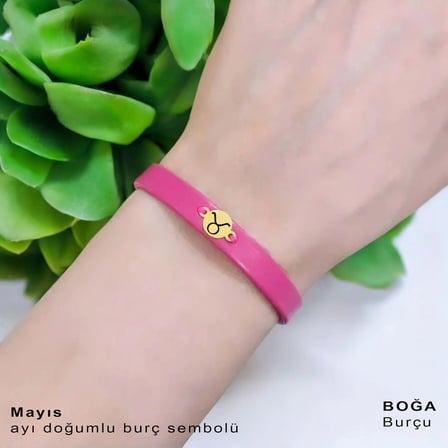 14 Ayar Altın Plakalı Mayıs Ayı Doğumları İçin Pembe Derili Yuvarlak Motifli Hediye Bileklik-394