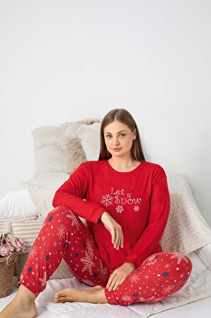 Kadın Bisiklet Yaka Düğmesiz Kışlık Termal Bilek Manşetli Jogger Uzun Kol Cepli Pijama Takımı